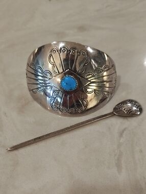 Vintage Navajo Sterling Silver Turquoise Hair Ornament with matching Pick
